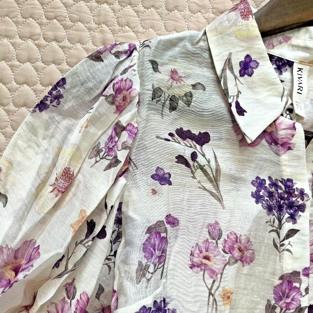 $398 NWOT Kivari Linen blend Shirt Women's Size 6 Blouse Floral Long sleeve - Picture 6 of 10